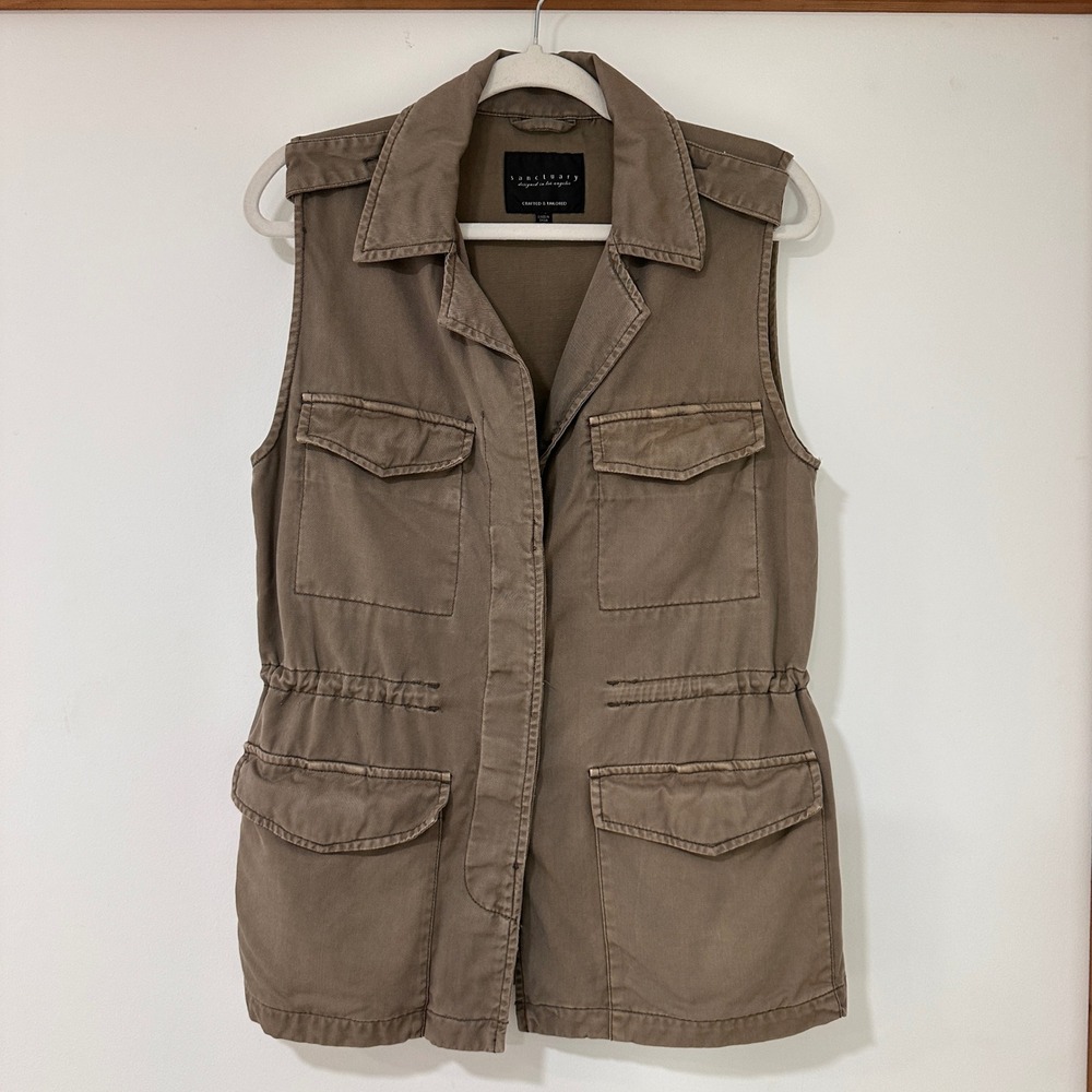 Sanctuary Utility Cargo Vest Womens Small Olive Green Drawstring‎ Waist Military